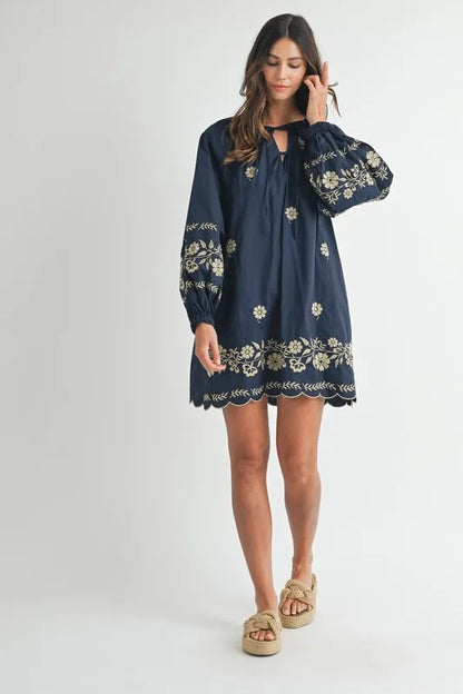 Embroidered Long Sleeve Peasant Mini Dress in Navy - product view 9