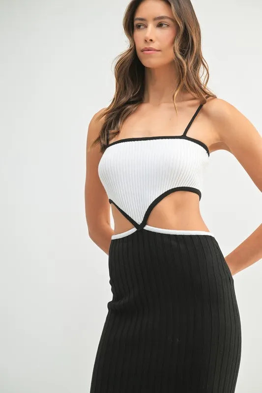 Ribbed Knit Color Block Cutout Midi Dress - Black - product view 11