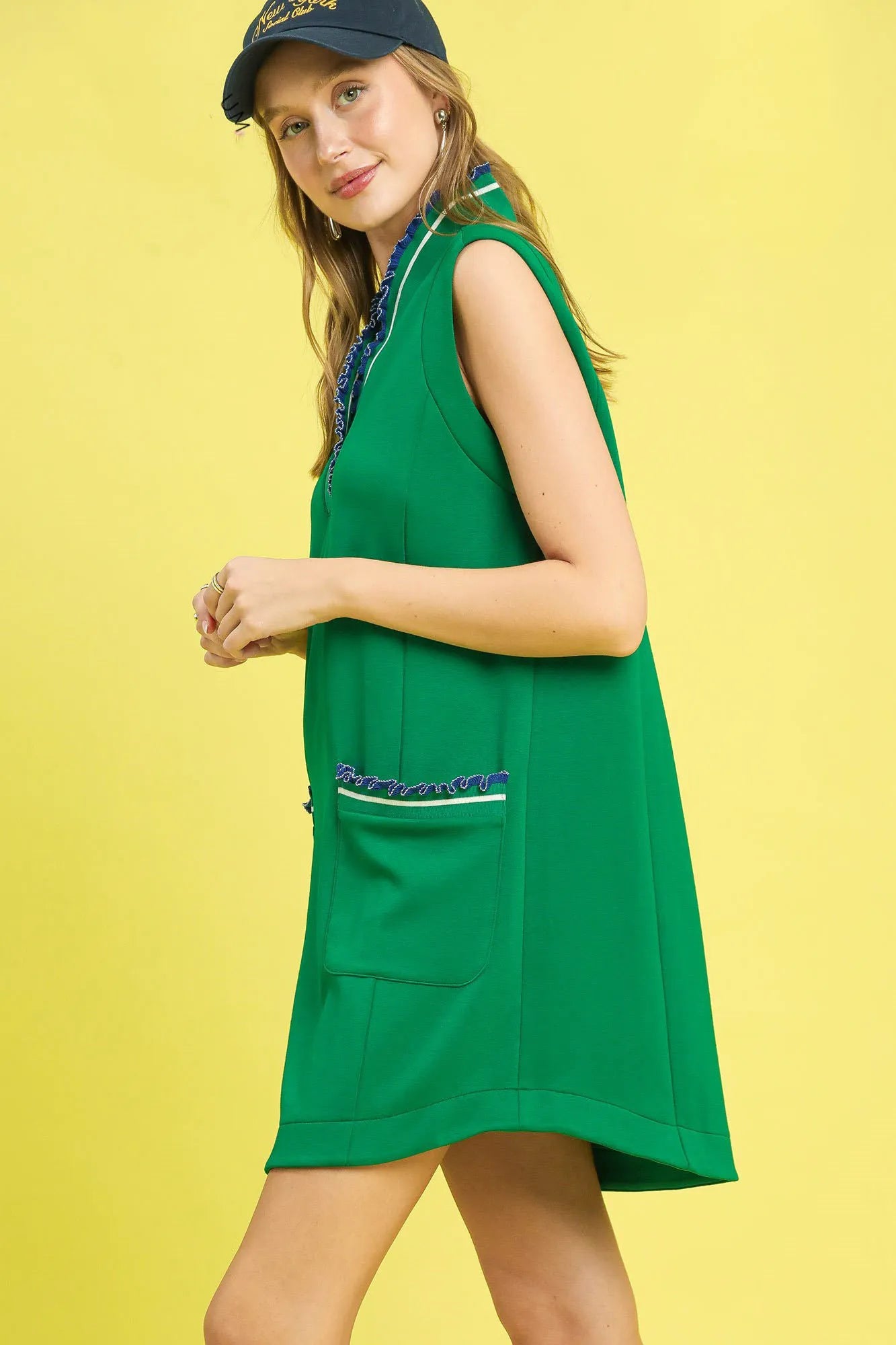 Frill Contrast Trim Sleeveless Mini Dress in Dark Green - product view 2