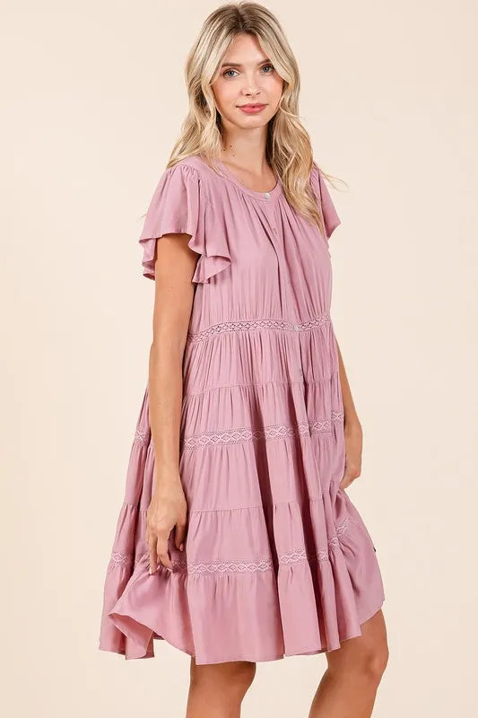 Lace Detail Ruffled Button Down Tiered Dress - Dusty Pink - product view 3