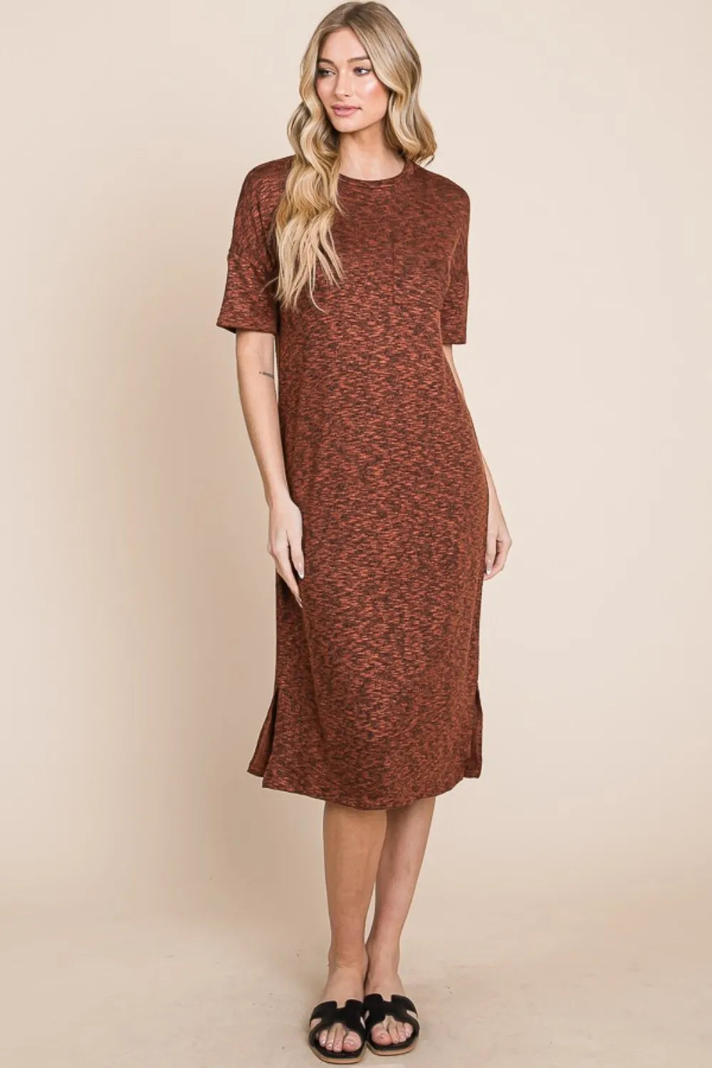 Round Neck Side Slit Midi Dress - Rust - product view 5