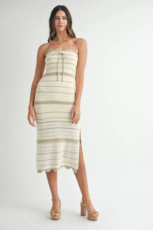 Contrast Striped Crochet Knit Midi Dress in Lt Taupe - product view 4