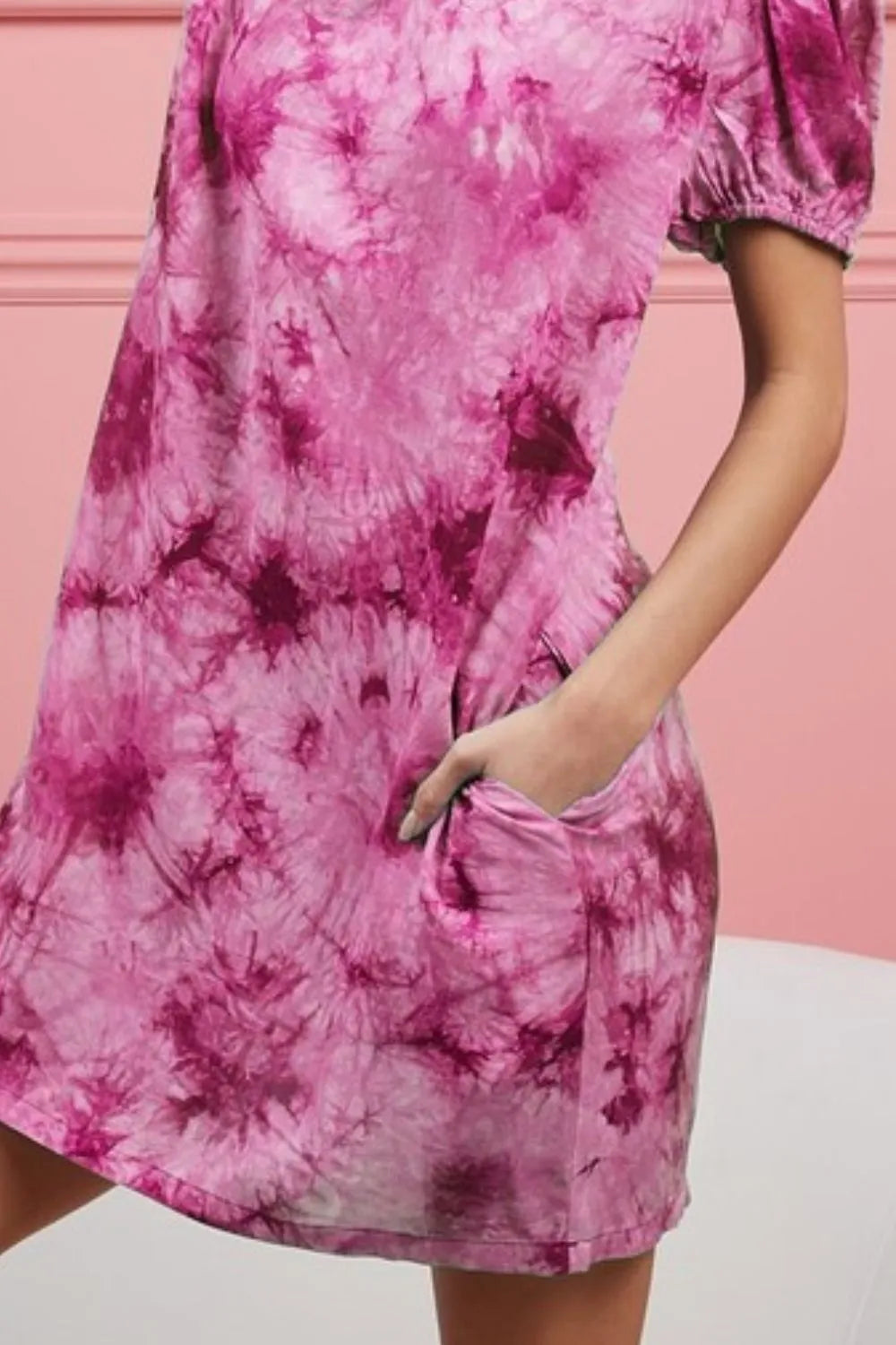 Puff Sleeve With Side Pockets Tie Dye Dress - Fuchsia - product view 3