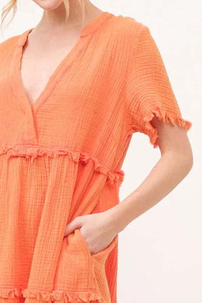 Washed Frayed Detail Tiered Dress - Orange - product view 6