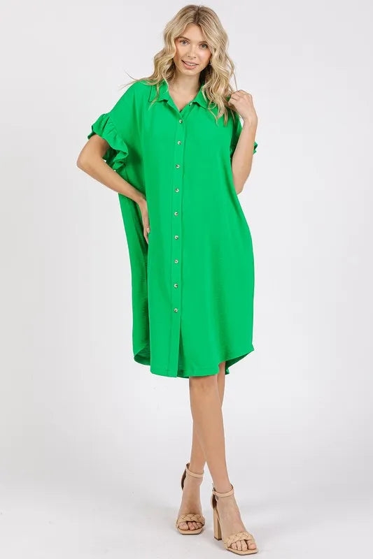 Button Down Flounce Sleeve Dress with Pockets - Green - product view 1