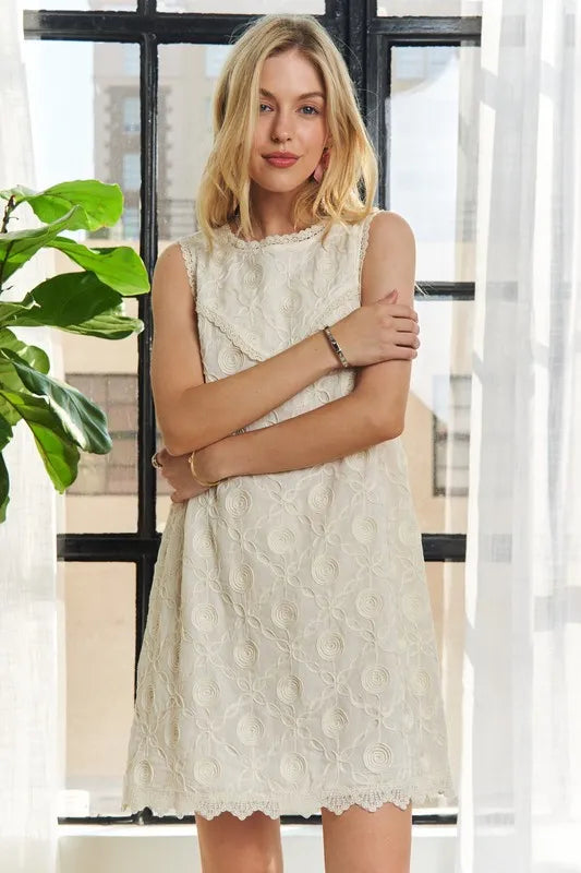 Applique Round Neck Sleeveless Shift Dress in Beige - product view 5
