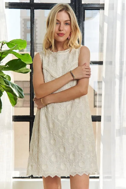 Applique Round Neck Sleeveless Shift Dress in Beige - product view 5
