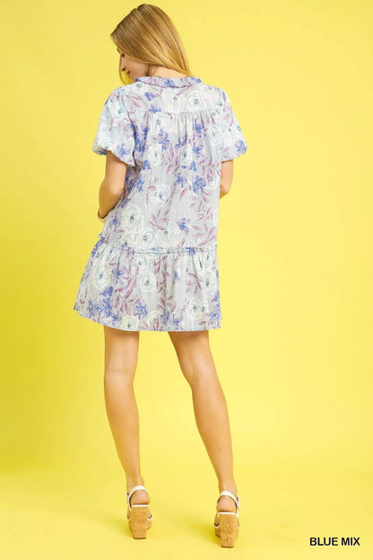Floral Ruffled Puff Sleeve Mini Dress in Blue Mix - product view 4