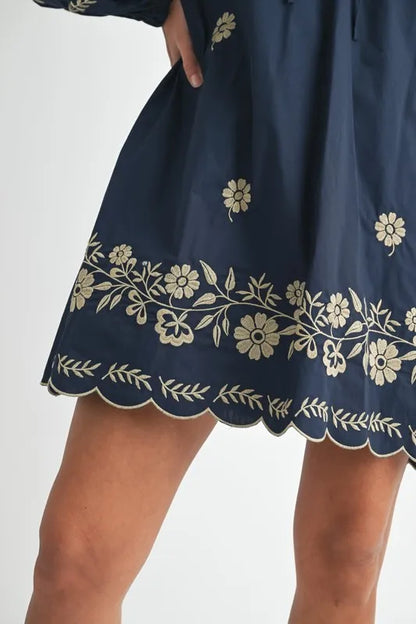 Embroidered Long Sleeve Peasant Mini Dress in Navy - product view 13