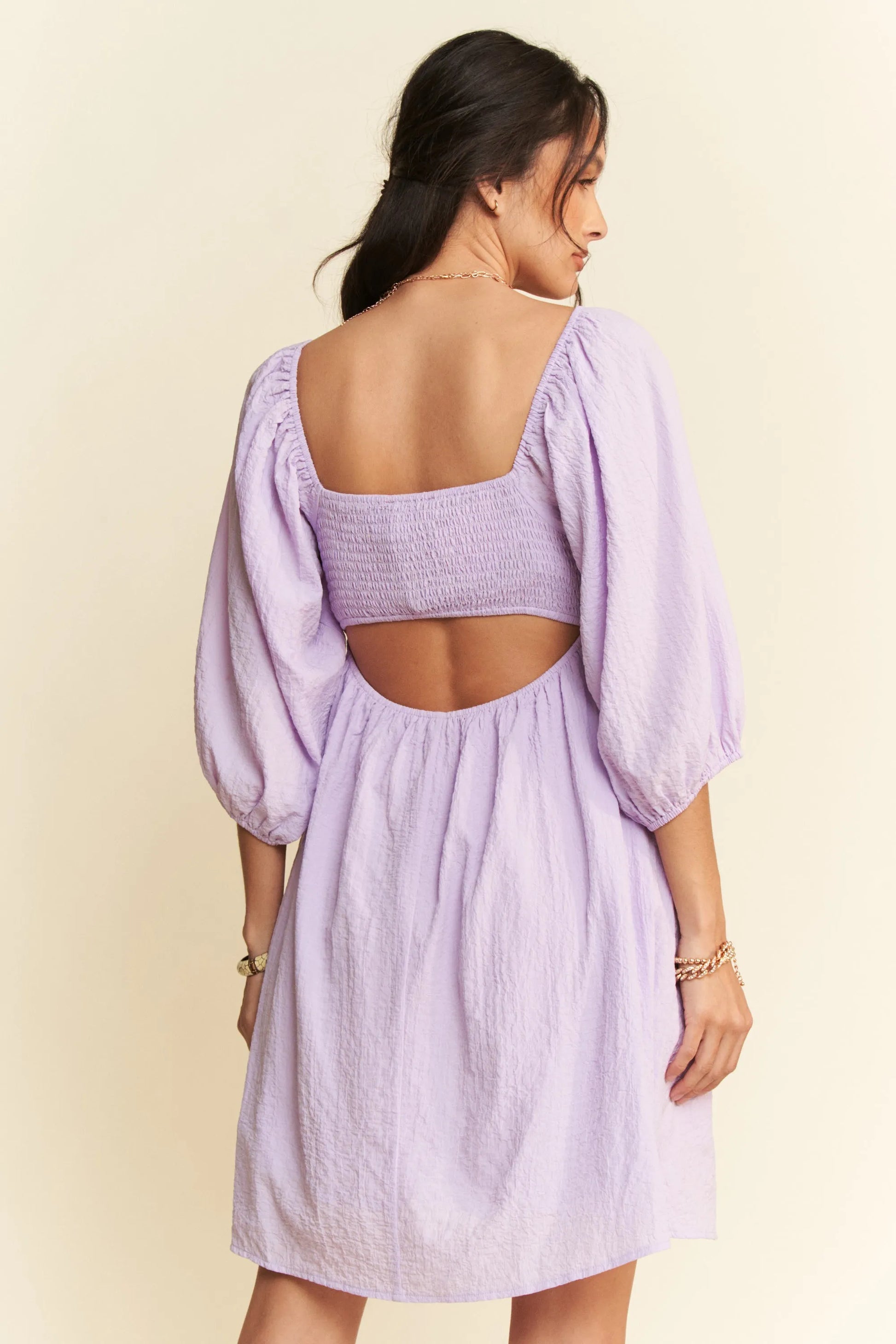 Self-Tie Puff Sleeve Smocking Open Back Mini Dress in Lavender - product view 5