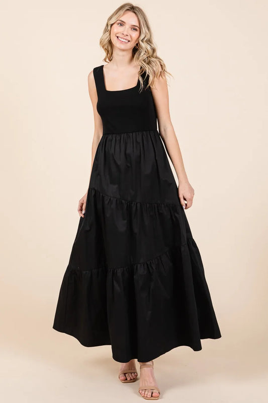 Mix Media Square Neck Maxi Dress in Black - product view 2