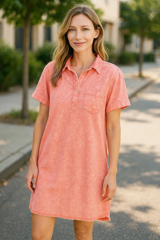 Tencel Mineral Washed Collared Shirts Dress - Coral - product view 1