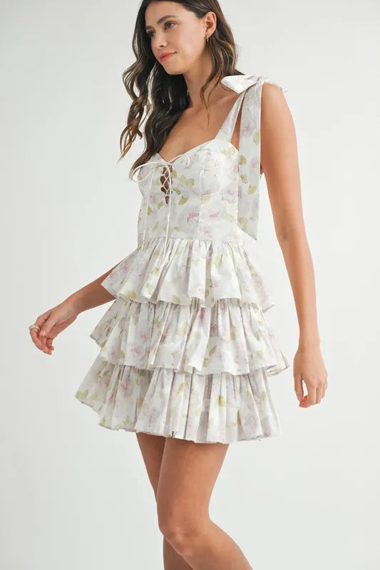 Floral Print Shoulder Tie Layered Mini Dress - Off White - product view 6