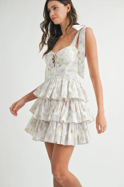 Floral Print Shoulder Tie Layered Mini Dress - Off White - product view 6