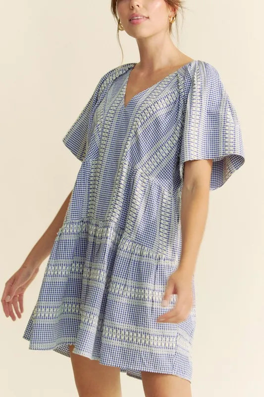 Embroidered Stripe Ruffled Gingham Mini Dress in Navy Blue - product view 5