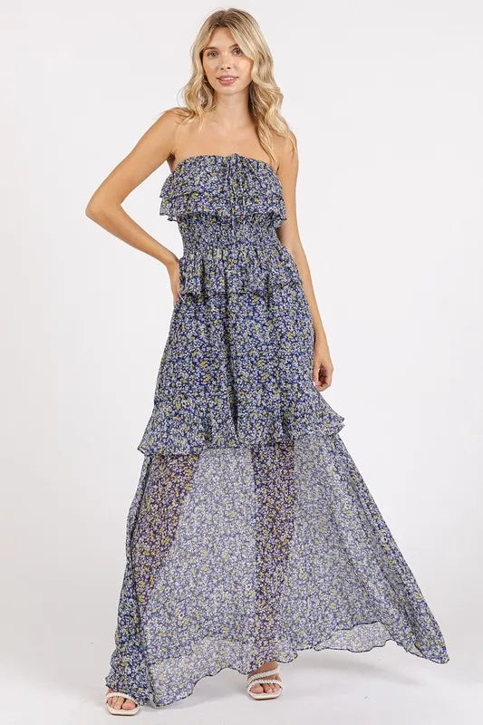 Ruffled Smocked Floral Halter Neck Maxi Dress - Dark Navy - product view 1