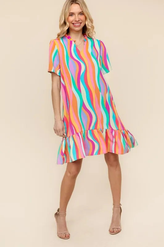 Tiered Woven Ruffle Hem Dress in Yellow/Green/Fuchsia - product view 4