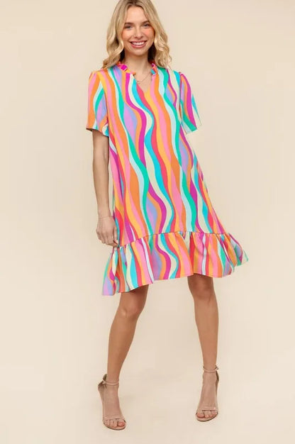 Tiered Woven Ruffle Hem Dress in Yellow/Green/Fuchsia - product view 4