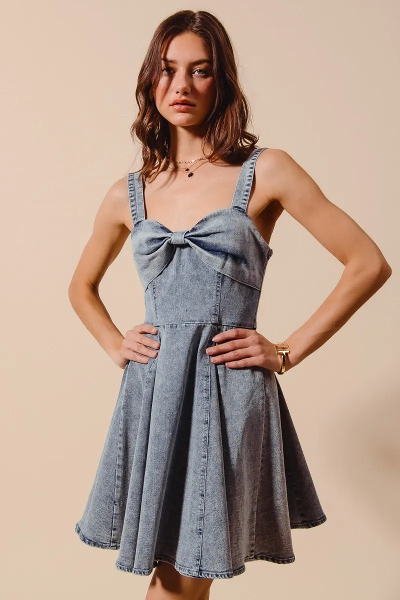 Mineral Washed Bow Ribbon Denim Flare Dress - product view 7