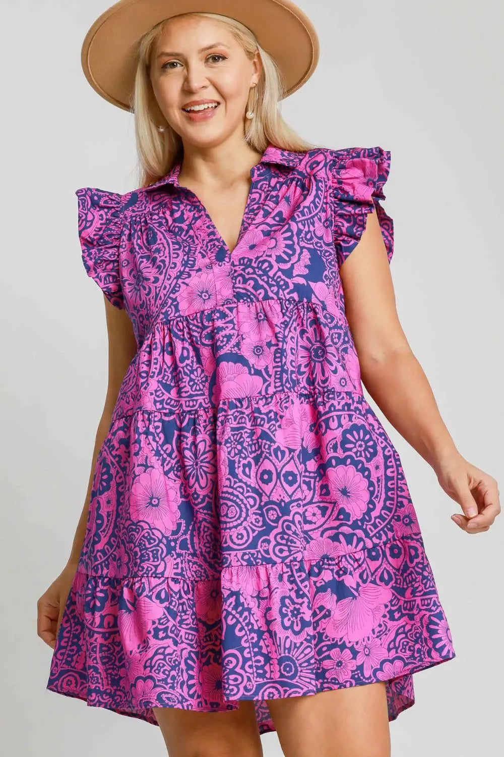 Full Size Printed Ruffle Cap Sleeve Babydoll Dress Plus Size - Navy/Pink - product view 3