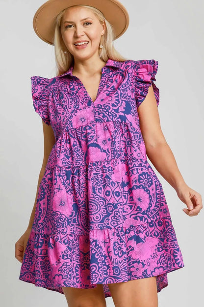 Full Size Printed Ruffle Cap Sleeve Babydoll Dress Plus Size - Navy/Pink - product view 3
