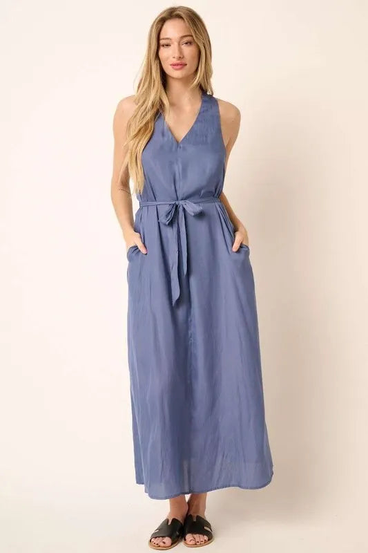 Cross Back Belted V Neck Tank Maxi Dress in Dusty Blue - product view 5