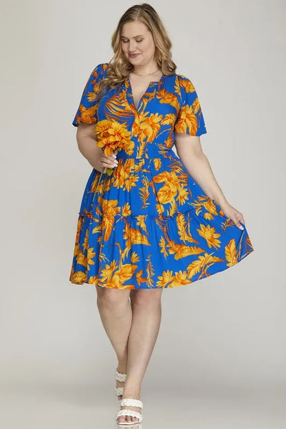 Full Size Printed Notched Short Sleeve Frill Tiered Dress Plus Size - Royal Blue - product view 6