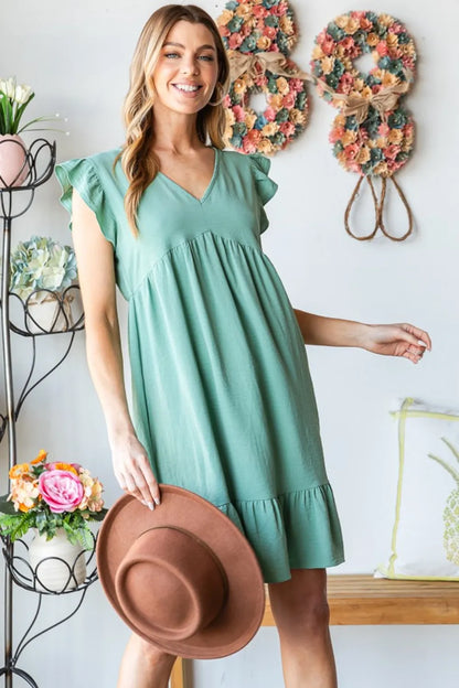 Full Size Short Sleeve V-Neck Ruffled Hem Dress in Dusty Sage - product view 3