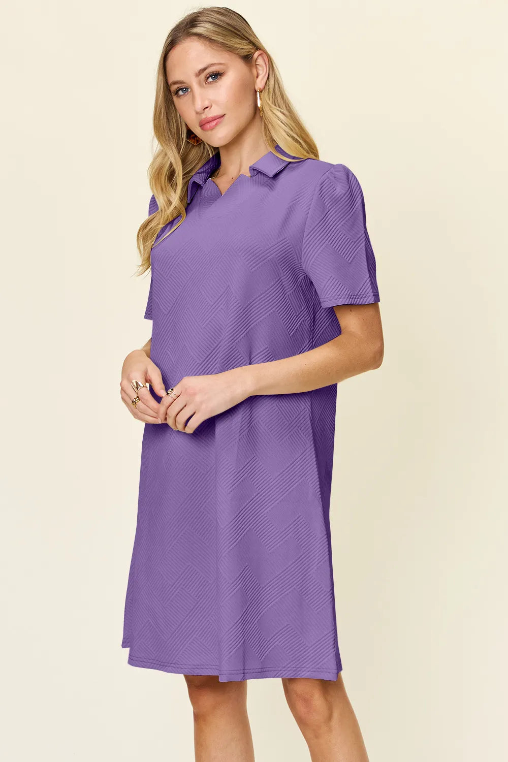 Full Size Texture Collared Neck Short Sleeve Dress in White, Lavender and more - product view 5