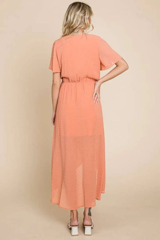 Full Size Swiss Dot Tied Slit Short Sleeve Dress in Cocoa - product view 2