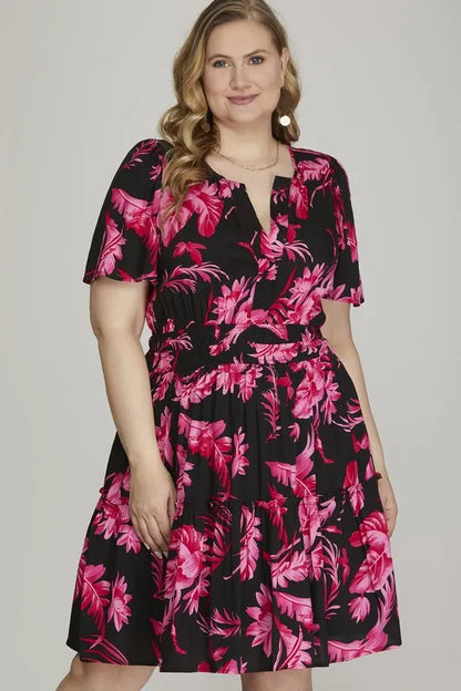 Full Size Printed Notched Short Sleeve Frill Tiered Dress Plus Size - Black - product view 3