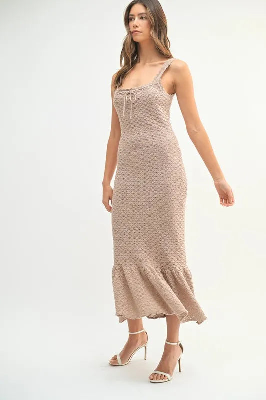 Ruffled Hem Sleeveless Crochet Knit Midi Dress in Mocha - product view 7