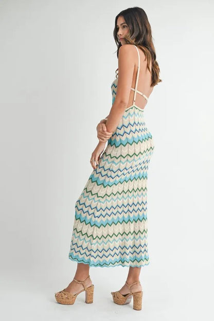 Lightweight Pointelle Chevron Knit Maxi Dress - Aqua - product view 6
