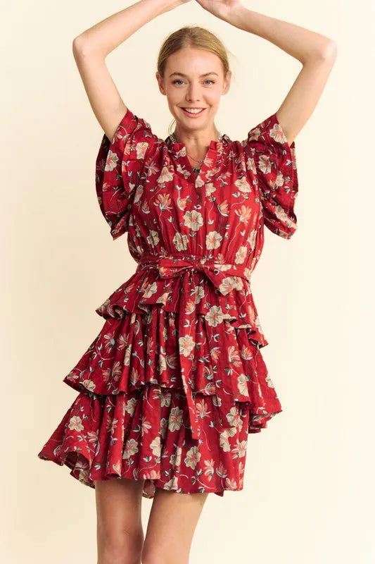 Ruffle Flutter Sleeve Tie Belt Tiered Mini Dress in Orange Rust - product view 2