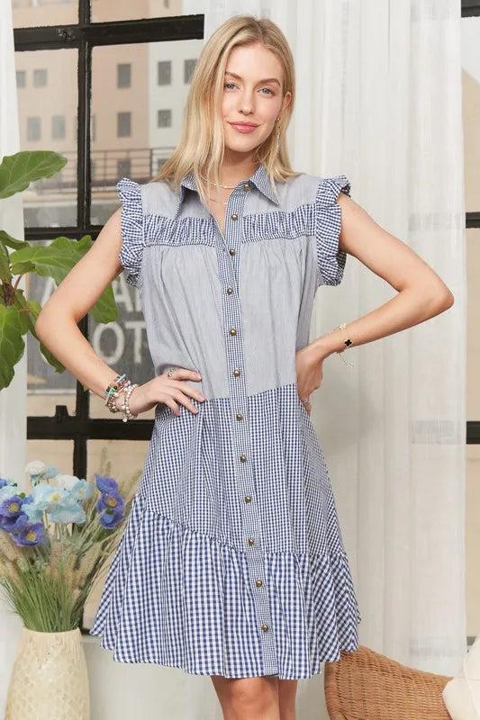 Button Down Textured Babydoll Dress in Blue - product view 1