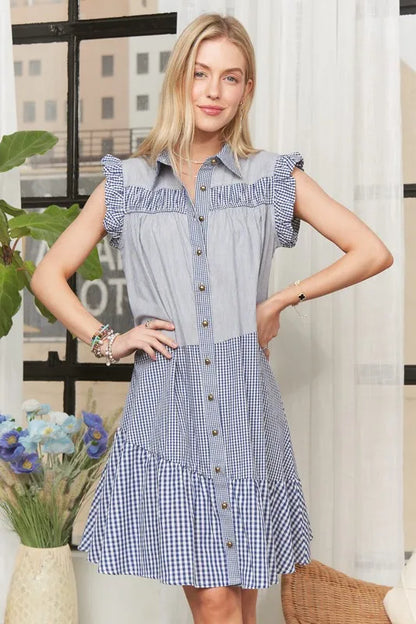 Button Down Textured Babydoll Dress in Blue - product view 1