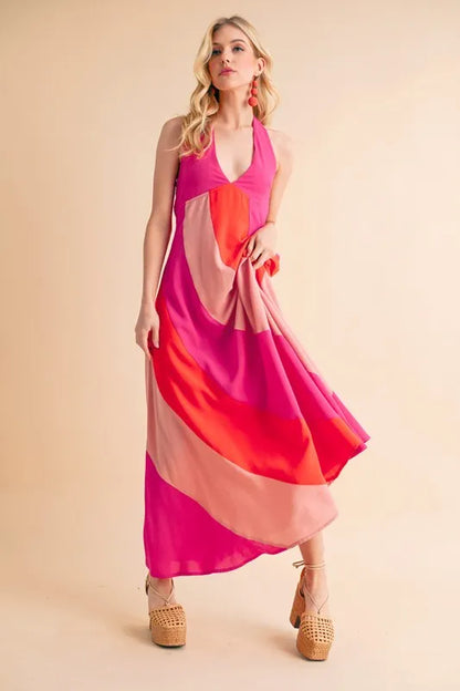Color Block Sleeveless Maxi Dress in Pink Combo - product view 5