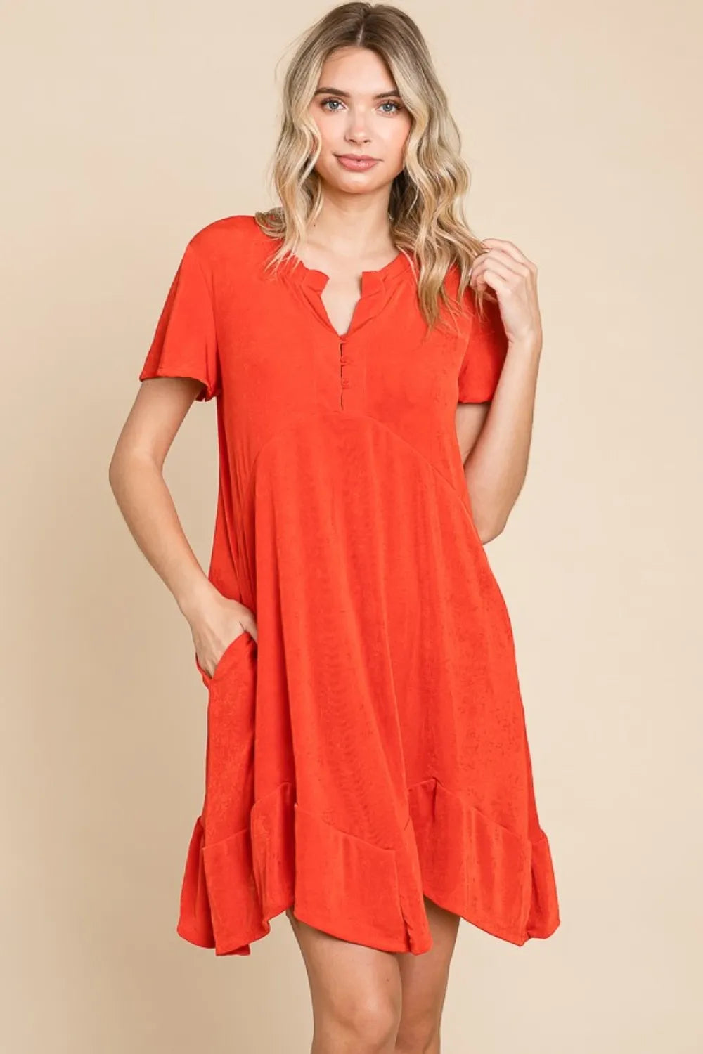 Full Size Short Sleeve Ruffled Asymmetric Hem Dress - Scarlet - product view 1