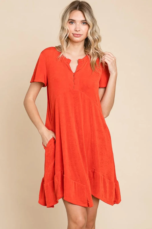 Full Size Short Sleeve Ruffled Asymmetric Hem Dress - Scarlet - product view 1