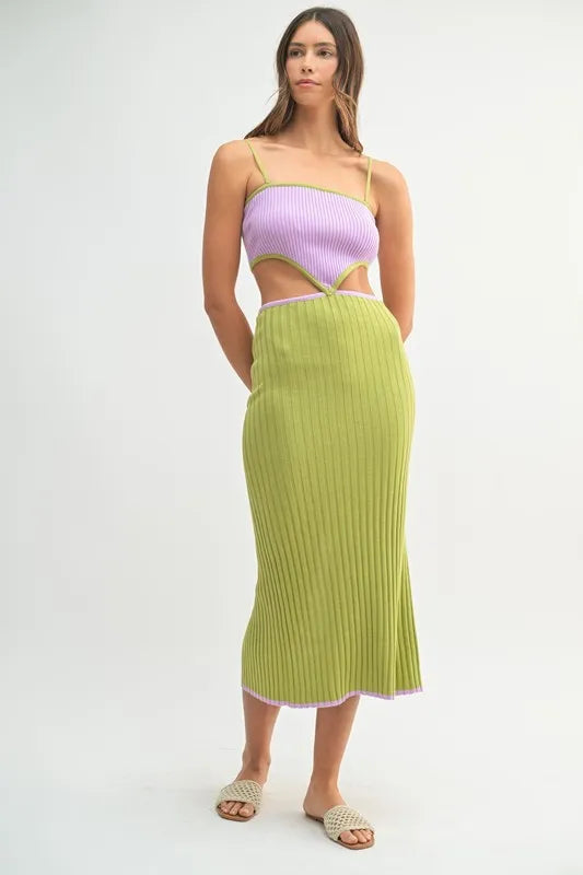 Ribbed Knit Color Block Cutout Midi Dress - Lime - product view 5