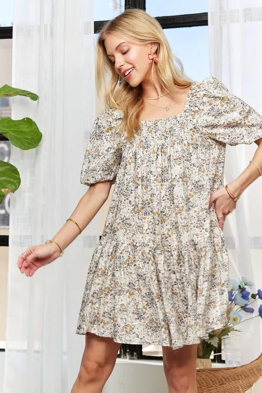 Floral Square Neck Puff Sleeve Dress - Light Blue - product view 4