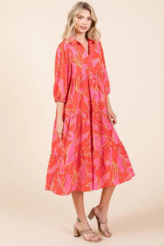 Tiered Printed Collared Neck Midi Dress in Coral - product view 4