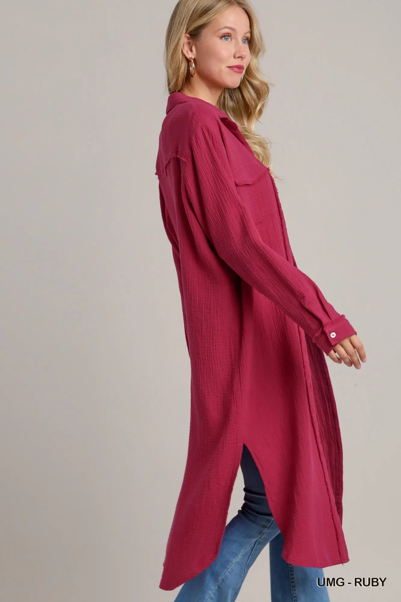 Cotton Gauze Button Down Shirt Dress in Umg-Ruby - product view 2