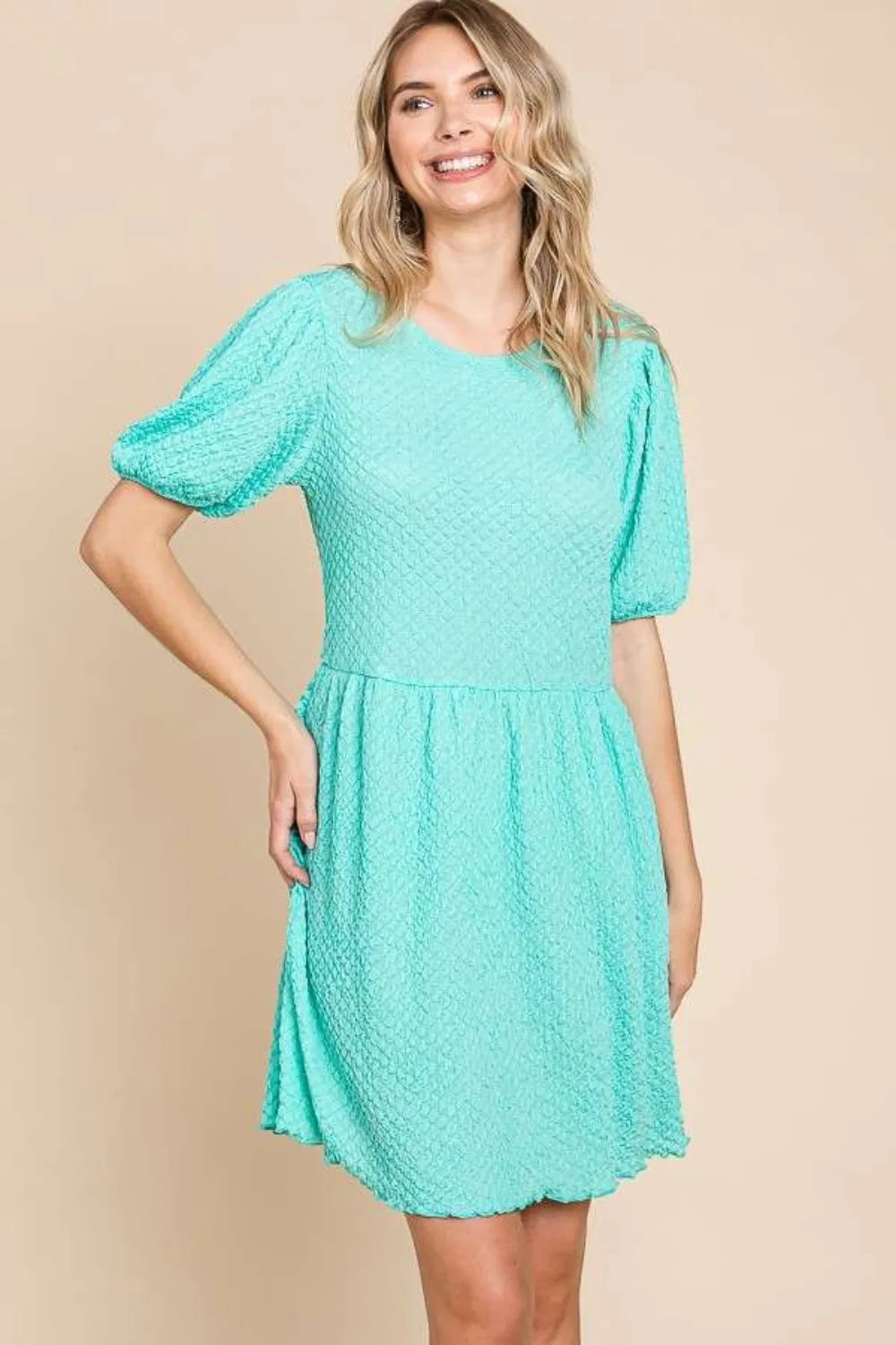 Full Size Textured Round Neck Puff Sleeve Dress in Mint - product view 1