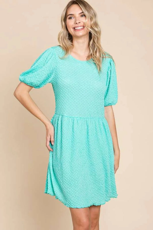 Full Size Textured Round Neck Puff Sleeve Dress in Mint - product view 1