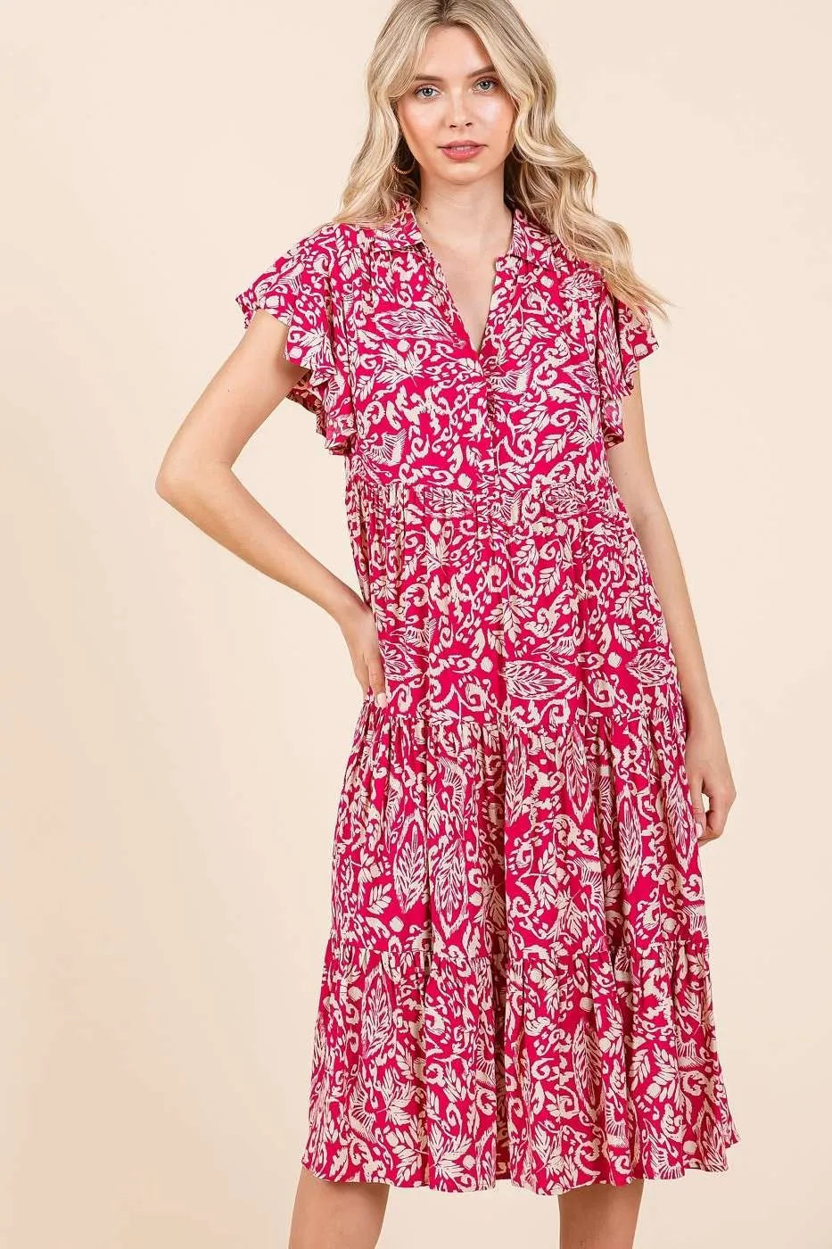 Abstract Print Ruffle Tier Midi Dress - Fuchsia - product view 1