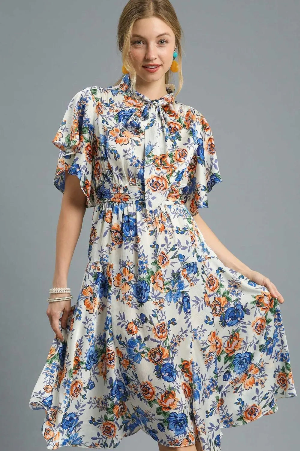 Floral Print Flutter Sleeve Dress in Royal Blue - product view 2
