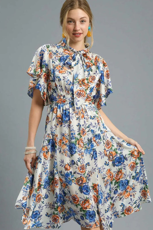 Floral Print Flutter Sleeve Dress in Royal Blue - product view 2