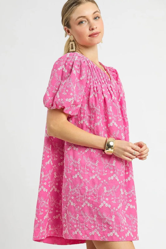 Floral Puff Sleeve V-Neck Mini Dress in Hot Pink - product view 2