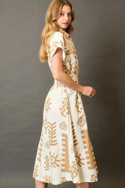 Full Size Abstract Print Elastic Waist Midi Dress Plus Size in Tan - product view 3
